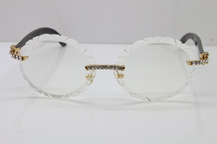 Cartier Big Stones White Inside Black Buffalo Horn T8200761 Rimless Optical In Silver Transparent Carved Lens