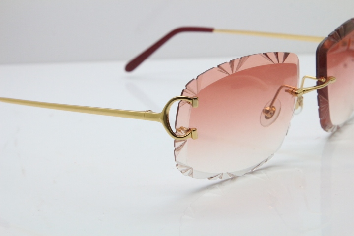 Cartier Rimless Metal Original T8200762 Sunglasses in Gold Pink Carved Lens