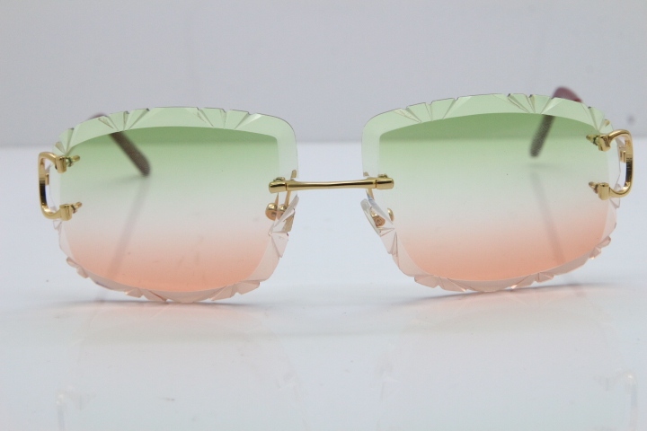 Cartier Rimless Metal Original T8200762 Sunglasses in Gold Green Mix Brown Carved Lens