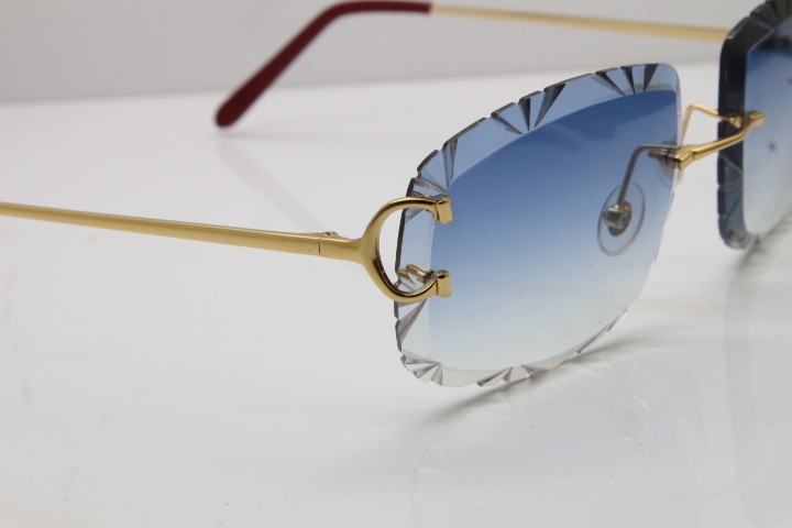 Cartier Rimless Metal Original T8200762 Sunglasses in Gold Blue Carved Lens