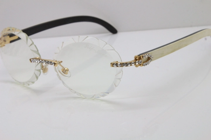 Cartier Big Stones White Inside Black Buffalo Horn T8200761 Rimless Optical In Silver Transparent Carved Lens