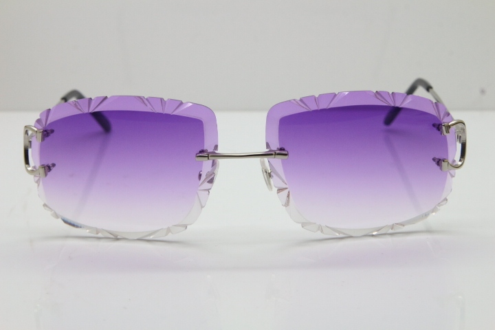 Cartier Rimless Metal Original T8200762 Sunglasses in Silver Purple Carved Lens