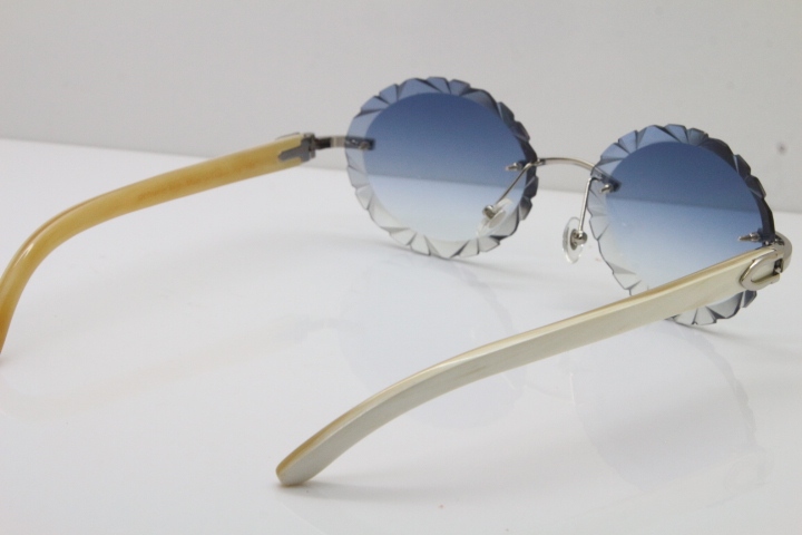 Cartier Rimless Original Genuine Natural Horn T8200761 Sunglasses In Gold Blue Carved Lens