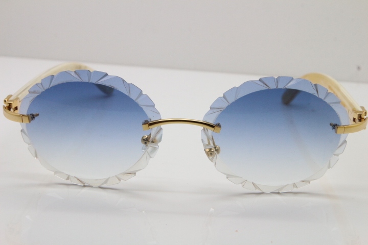 Cartier Rimless Original Genuine Natural Horn T8200761 Sunglasses In Gold Blue Carved Lens