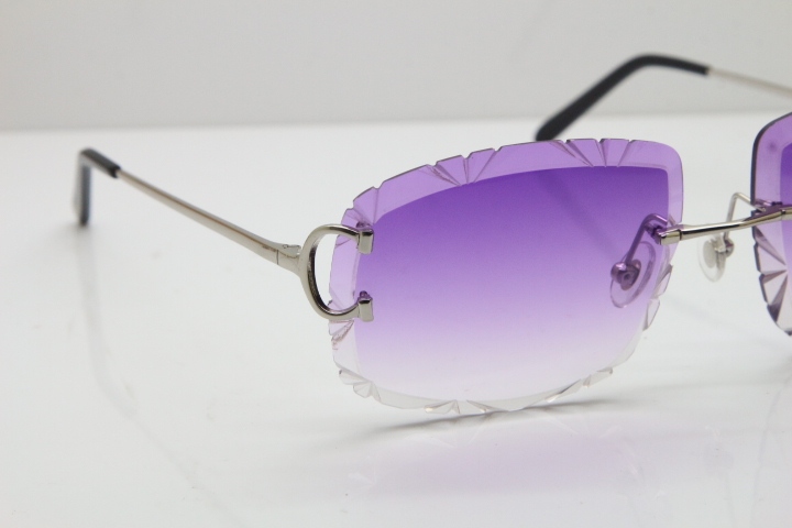 Cartier Rimless Metal Original T8200762 Sunglasses in Silver Purple Carved Lens