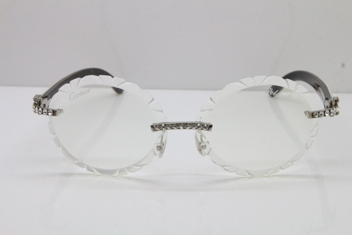 Cartier Big Stones White Inside Black Buffalo Horn T8200761 Rimless Optical In Silver Transparent Carved Lens