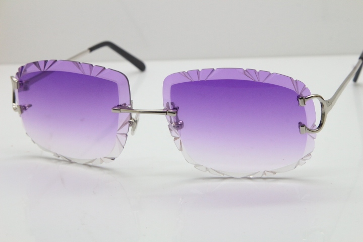 Cartier Rimless Metal Original T8200762 Sunglasses in Silver Purple Carved Lens