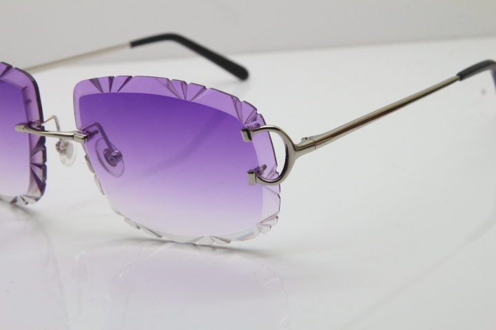 Cartier Rimless Metal Original T8200762 Sunglasses in Silver Purple Carved Lens