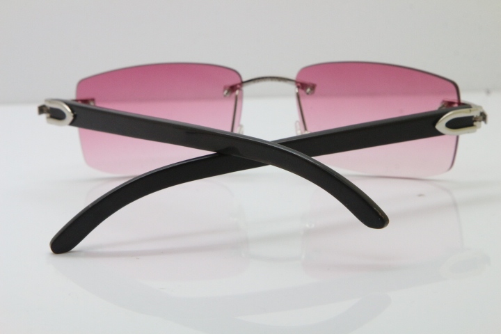 Cartier Rimless 8200758 SunGlasses Original Black Buffalo Horn Sunglasses in Silver Pink Lens