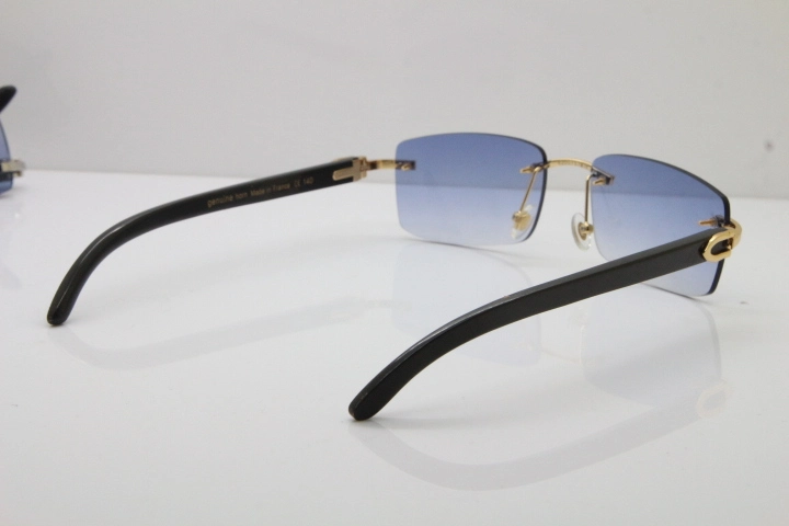 Cartier 8200757 Rimless SunGlasses Original Black Buffalo Horn Sunglasses in Gold Blue Lens