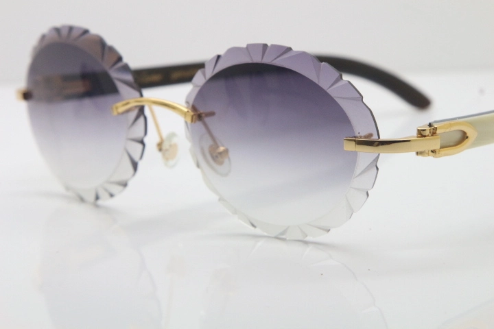 Cartier Rimless Original White Inside Black Buffalo Horn T8200761 Sunglasses in Gold Gray Carved Lens