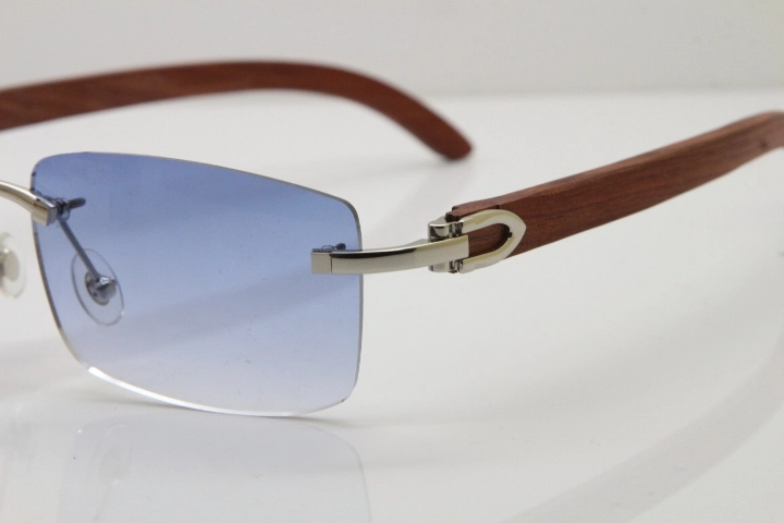 Cartier Rimless 8200758 SunGlasses Original Wood Sunglasses in Silver Blue Lens