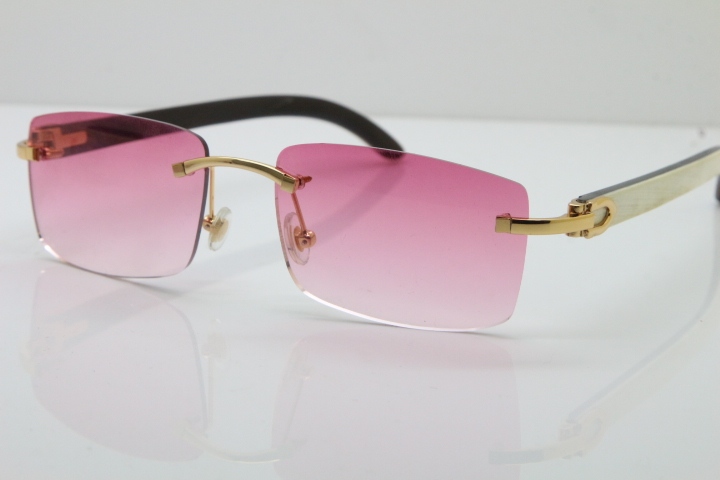 Cartier Rimless 8200757 SunGlasses Original White Inside Black Buffalo Horn Sunglasses in Gold Pink Lens