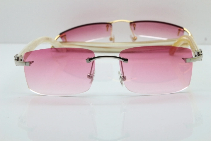 Cartier Rimless 8200758 SunGlasses Original White Genuine Natural Horn Sunglasses in Silver Pink Lens