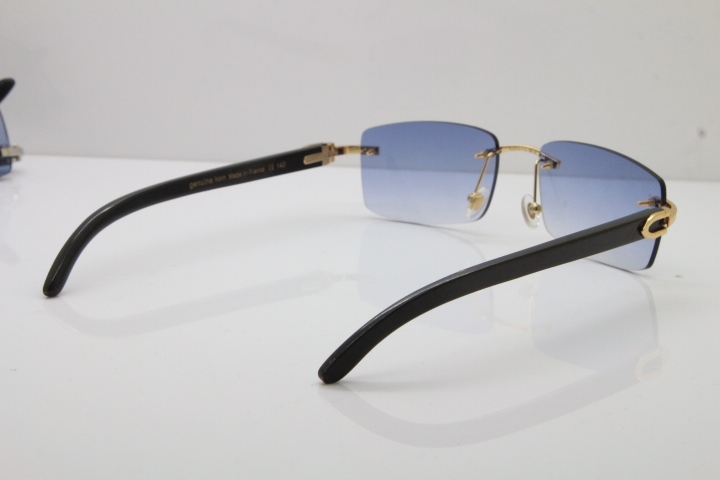 Cartier Rimless 8200758 SunGlasses Original Black Buffalo Horn Sunglasses in Silver Blue Lens