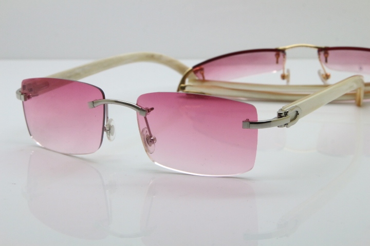 Cartier Rimless 8200758 SunGlasses Original White Genuine Natural Horn Sunglasses in Silver Pink Lens