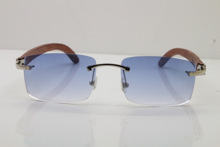 Cartier Rimless 8200758 SunGlasses Original Wood Sunglasses in Silver Blue Lens