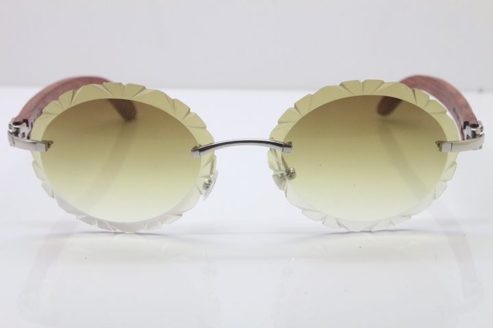 Cartier Rimless Original Wood T8200761 Sunglasses in Gold Brown Carved Lens