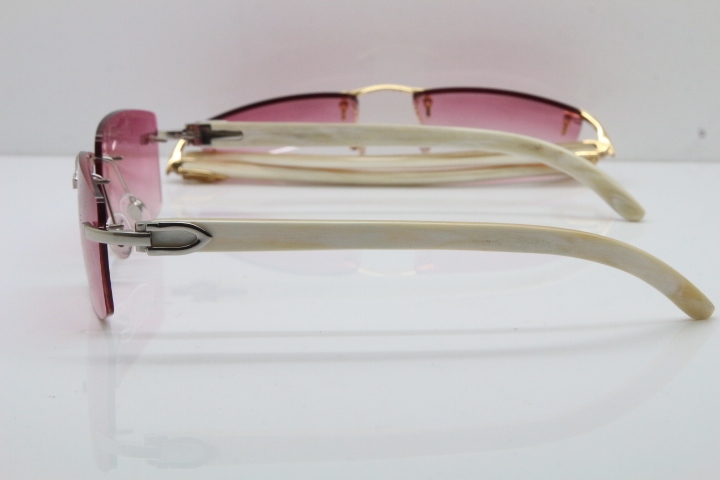 Cartier Rimless 8200758 SunGlasses Original White Genuine Natural Horn Sunglasses in Silver Pink Lens