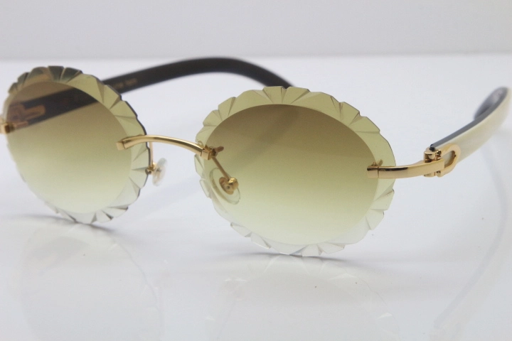 Cartier Rimless Original White Inside Black Buffalo Horn T8200761 Sunglasses in Gold Brown Carved Lens