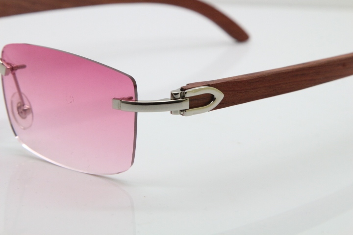 Cartier Rimless 8200757 SunGlasses Original Wood Sunglasses in Gold Pink Lens