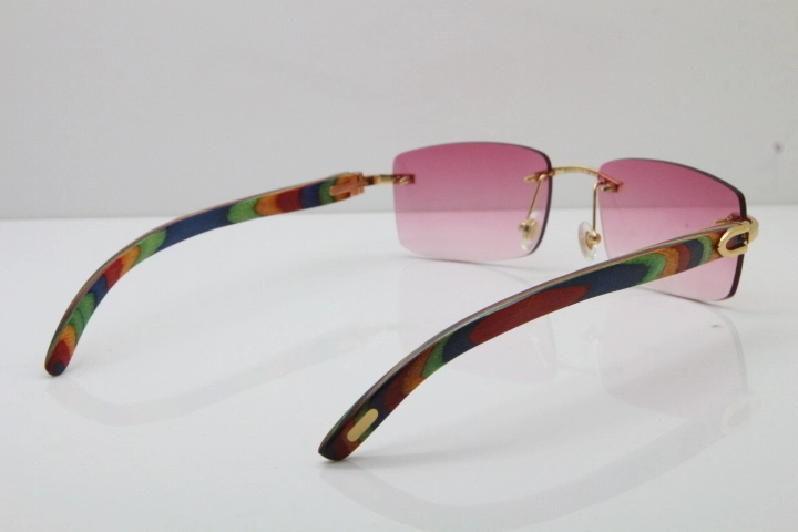 Cartier Rimless 8200757 SunGlasses Original Peacock Wood Sunglasses in Gold Pink Lens