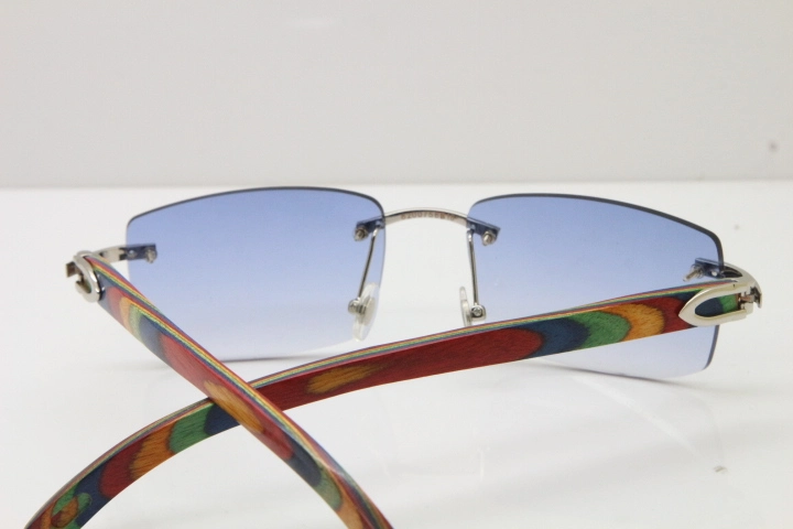 Cartier Rimless 8200757 SunGlasses Original Peacock Wood Sunglasses in Silver Blue Lens