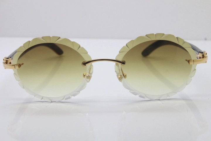 Cartier Rimless Original White Inside Black Buffalo Horn T8200761 Sunglasses in Gold Brown Carved Lens