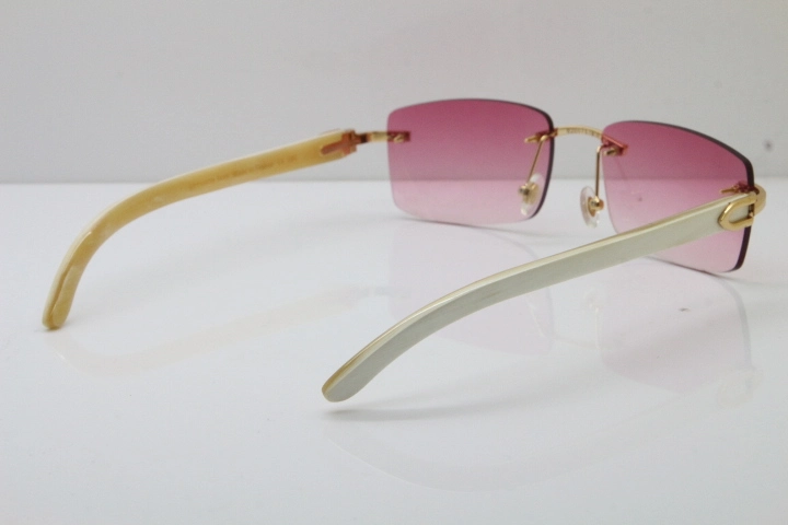 Cartier Rimless 8200758 SunGlasses Original White Genuine Natural Horn Sunglasses in Silver Pink Lens