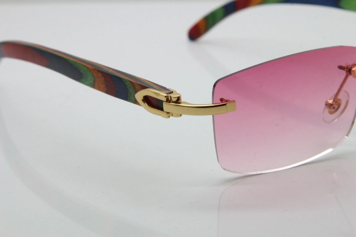 Cartier Rimless 8200757 SunGlasses Original Peacock Wood Sunglasses in Gold Pink Lens