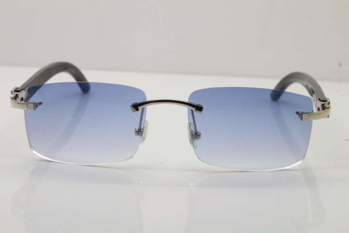 Cartier Rimless 8200758 SunGlasses Original Black Buffalo Horn Sunglasses in Silver Blue Lens