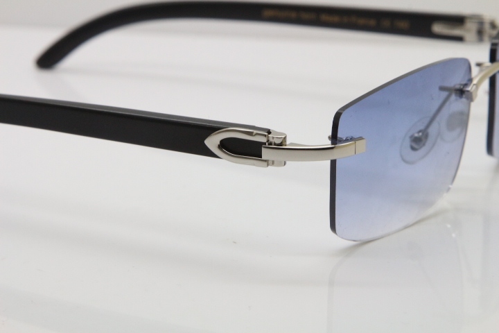 Cartier Rimless 8200758 SunGlasses Original Black Buffalo Horn Sunglasses in Silver Blue Lens