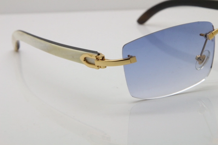 Cartier Rimless 8200758 SunGlasses Original White Inside Black Buffalo Horn Sunglasses in Silver Blue Lens