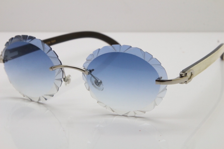 Cartier Rimless Original White Inside Black Buffalo Horn T8200761 Sunglasses in Gold Blue Carved Lens