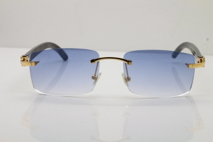 Cartier 8200757 Rimless SunGlasses Original Black Buffalo Horn Sunglasses in Gold Blue Lens