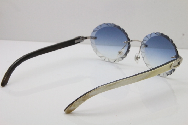 Cartier Rimless Original White Inside Black Buffalo Horn T8200761 Sunglasses in Gold Blue Carved Lens