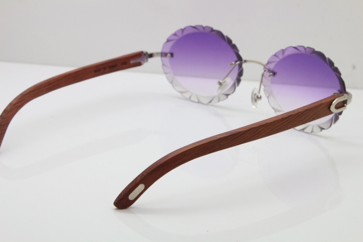 Cartier Rimless Original Wood T8200761 Sunglasses in Gold Purple Carved Lens