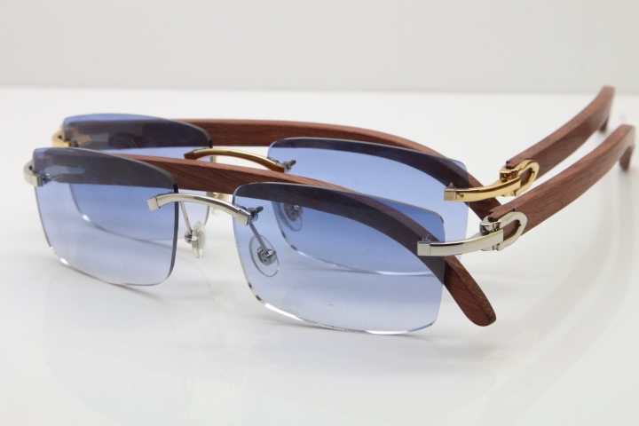 Cartier Rimless 8200758 SunGlasses Original Wood Sunglasses in Silver Blue Lens