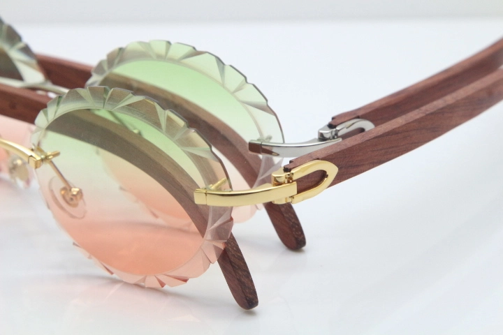 Cartier Rimless Original Wood T8200761 Sunglasses in Gold Green Mix Brown Carved Lens