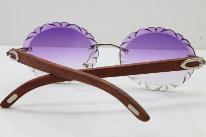 Cartier Rimless Original Wood T8200761 Sunglasses in Gold Purple Carved Lens