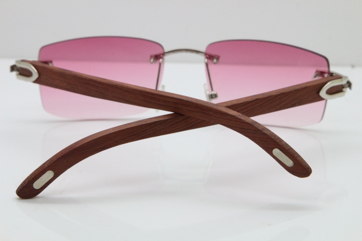 Cartier Rimless 8200757 SunGlasses Original Wood Sunglasses in Gold Pink Lens