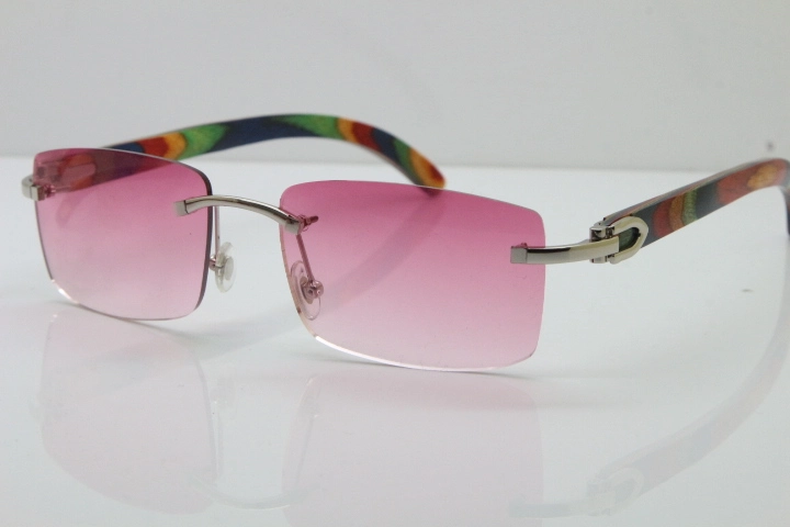 Cartier Rimless 8200757 SunGlasses Original Peacock Wood Sunglasses in Gold Pink Lens