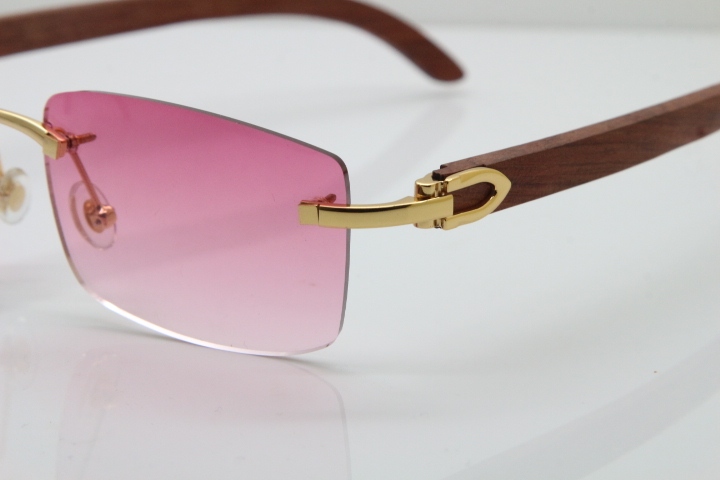 Cartier Rimless 8200757 SunGlasses Original Wood Sunglasses in Gold Pink Lens