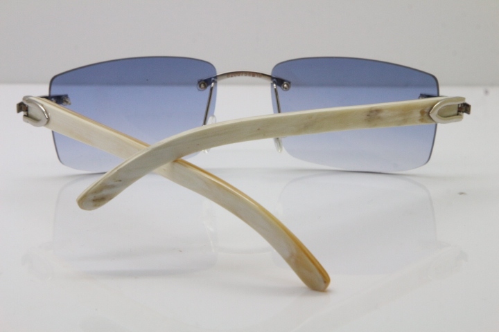 Cartier Rimless 8200757 SunGlasses Original White Genuine Natural Horn Sunglasses in Gold Blue Lens