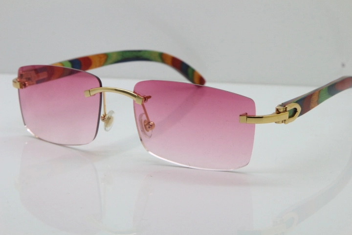 Cartier Rimless 8200757 SunGlasses Original Peacock Wood Sunglasses in Gold Pink Lens