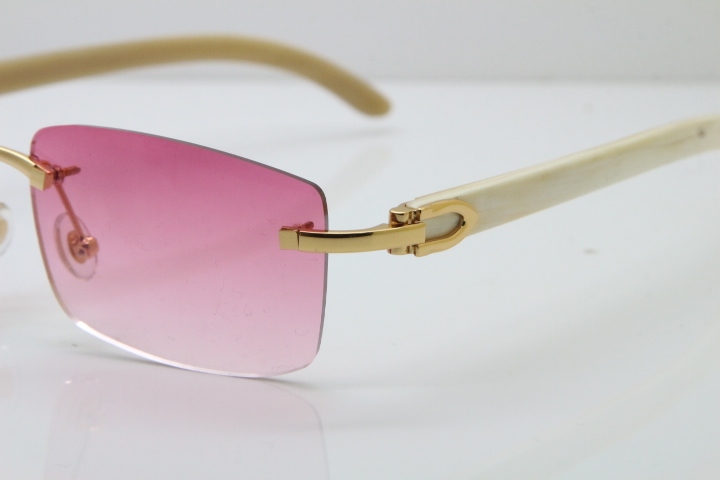 Cartier Rimless 8200758 SunGlasses Original White Genuine Natural Horn Sunglasses in Silver Pink Lens