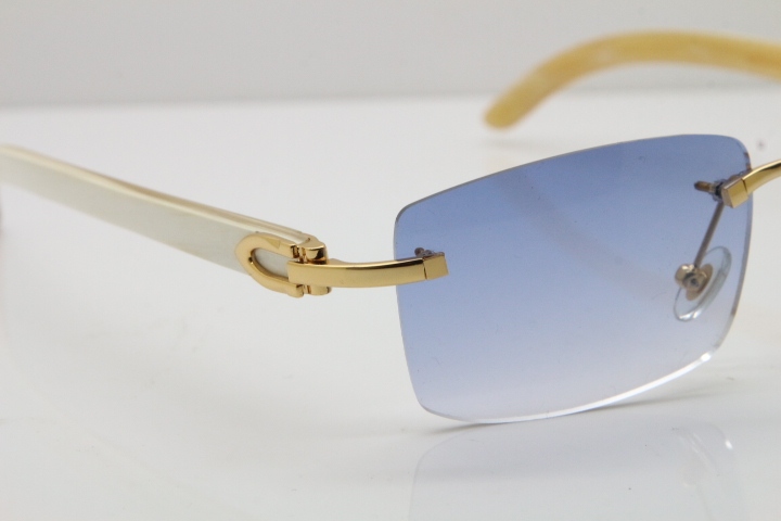 Cartier Rimless 8200757 SunGlasses Original White Genuine Natural Horn Sunglasses in Gold Blue Lens