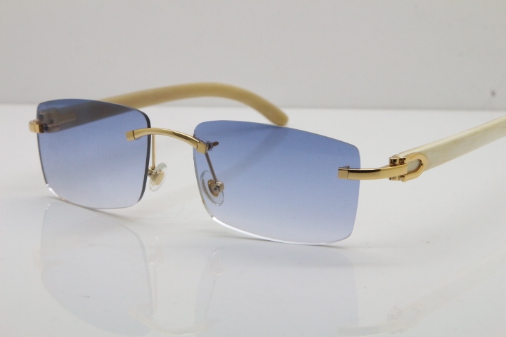 Cartier Rimless 8200757 SunGlasses Original White Genuine Natural Horn Sunglasses in Gold Blue Lens