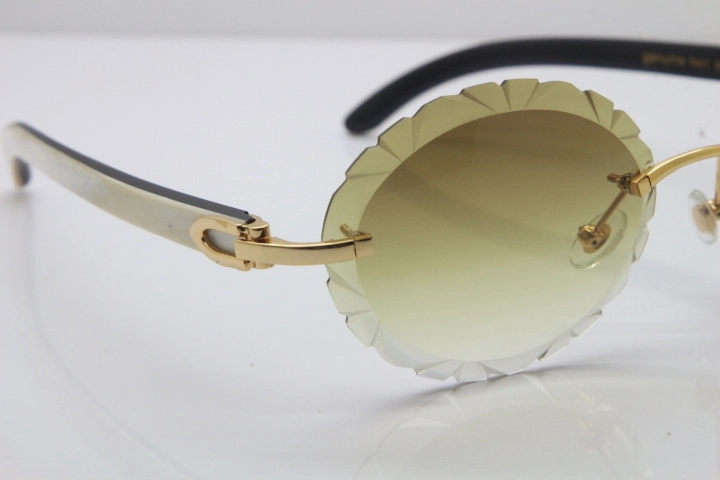 Cartier Rimless Original White Inside Black Buffalo Horn T8200761 Sunglasses in Gold Brown Carved Lens