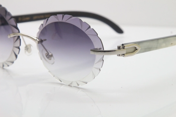 Cartier Rimless Original White Inside Black Buffalo Horn T8200761 Sunglasses in Gold Gray Carved Lens